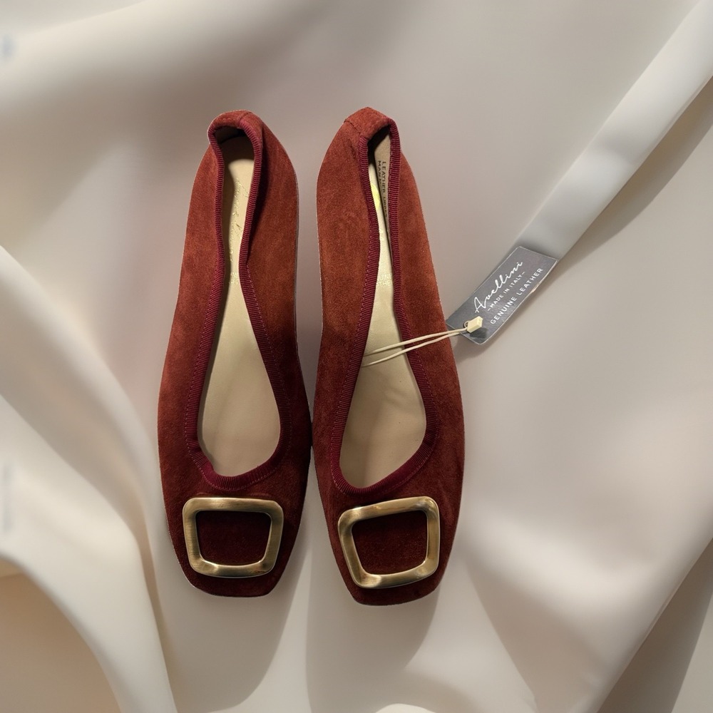 Avellini Italy Suede Flats Burgundy Gold Buckle Leather Ballet Shoes Sz 41 9.5